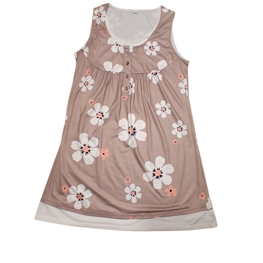 Floral Sleeveless Mini Mod Retro Brown White Pink Boho Tank Casual Dress Size M
